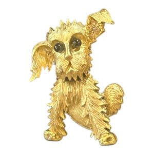 Vintage Dog Brooch Pin Pendant Gold Tone Shaggy Textured Etched with Rhinestones